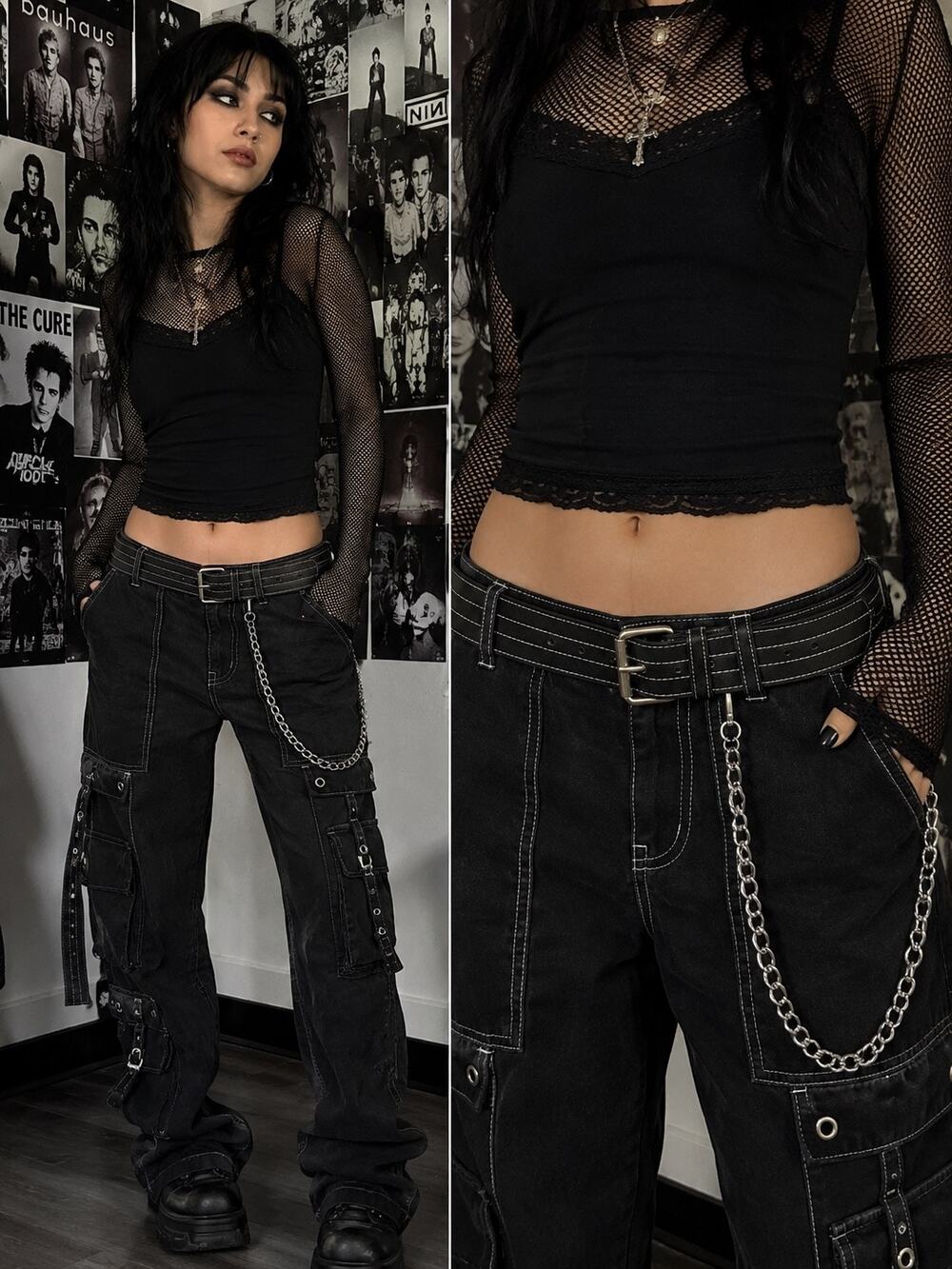 Y2K Style Blk Contrast Stitch Chain Belt Punk Emo Mall Goth Grunge Faux Leather